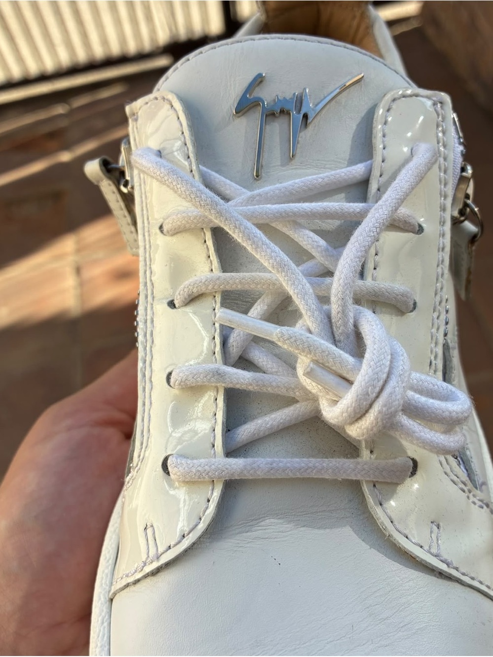 Giuseppe Zanotti White Patent Leather Lace-Up Sneaker with Silver Logo